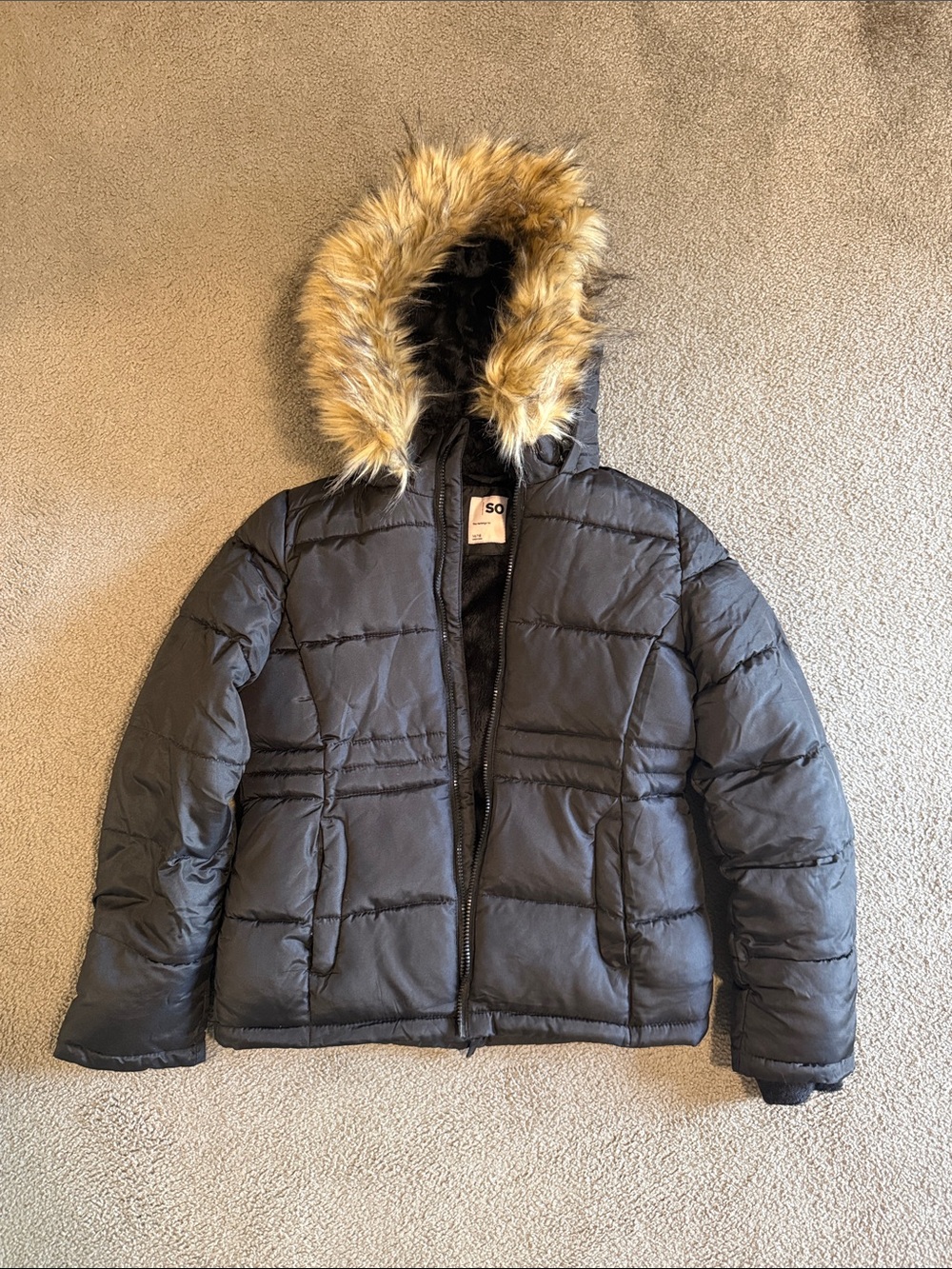 SO Black Kids/Girls Puffer Jacket with Faux Fur Hood Trim
